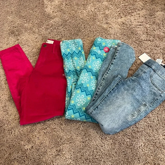 NWT new Set of 3 SO leggings jeggings girls 14 pink green blue denim - Picture 4 of 17